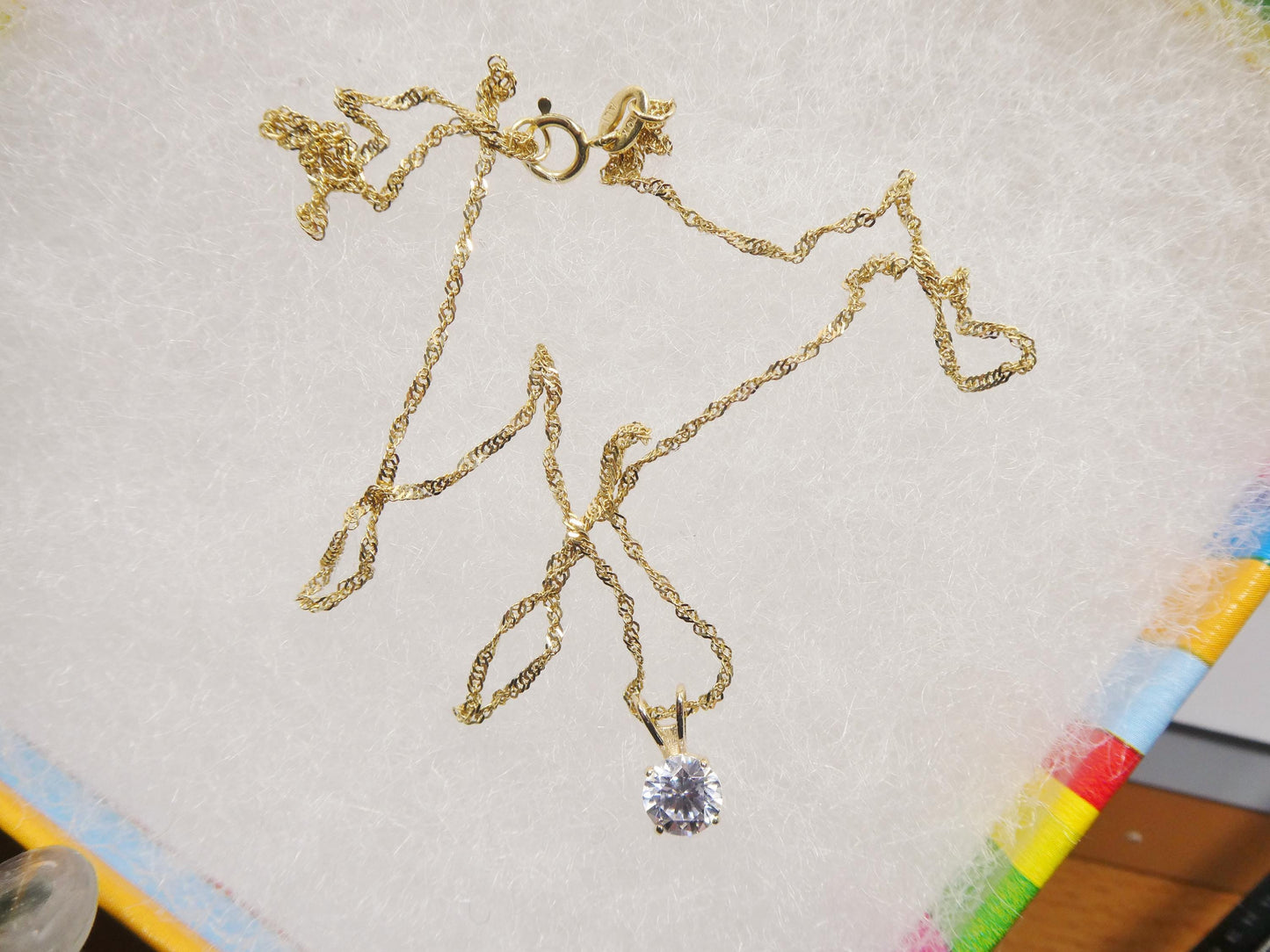 10k real solid yellow gold 16 inch chain and round stone solitaire pendent set