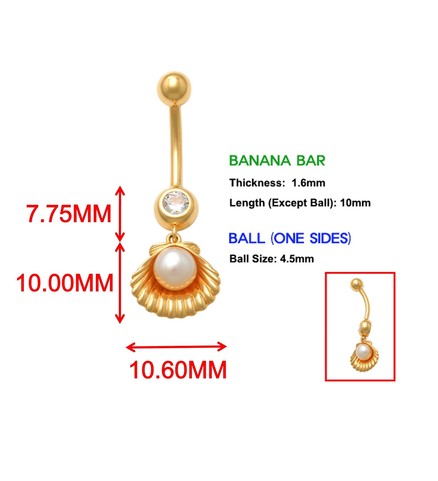 14k real solid yellow gold freshwater pearl shell belly button ring piercing