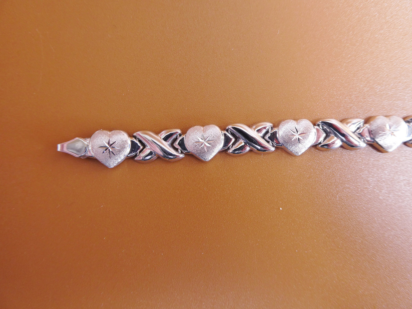 8 inch xoxo heart stampato bracelet 14k white gold color finish over real 925 sterling silver