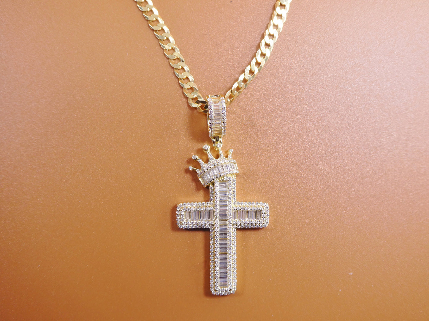 14k yellow gold color tone chain and cross charm pendent over real 925 sterling silver