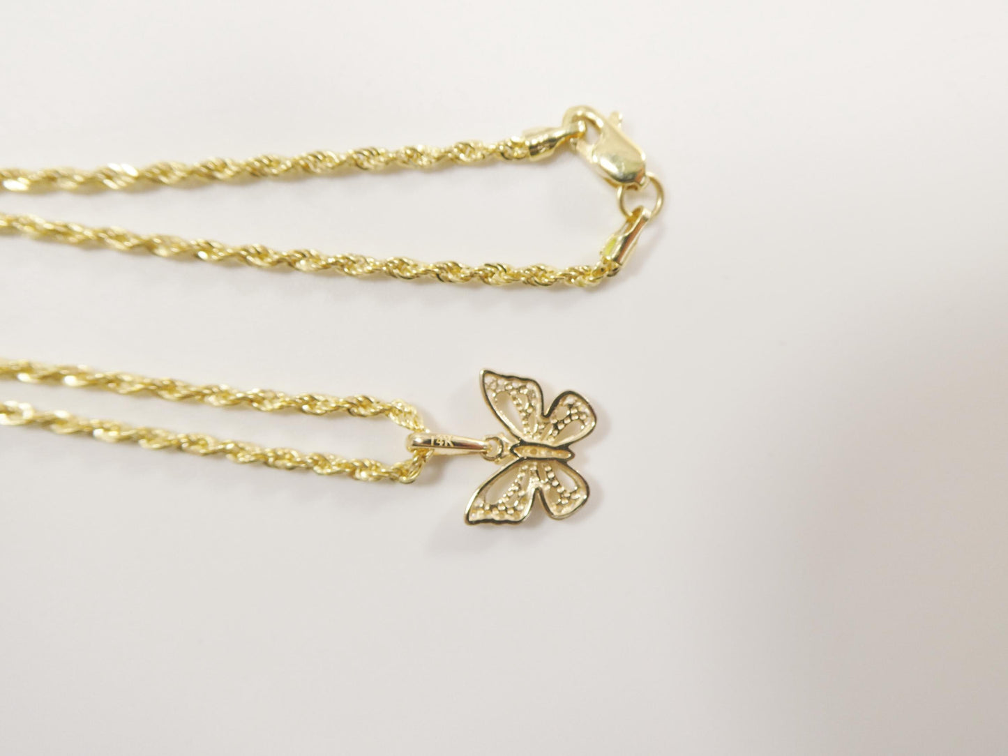 14k real solid yellow gold butterfly pendent and rope necklace