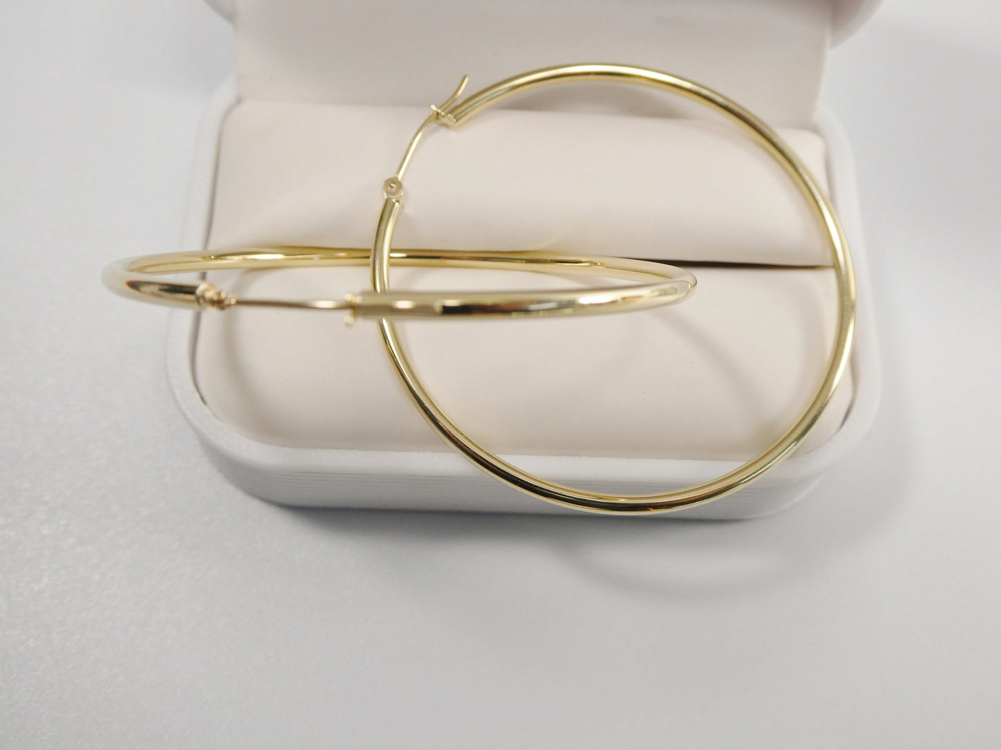 14K real solid yellow gold 2mm / 50mm round hoop earring snap closure high polish finish