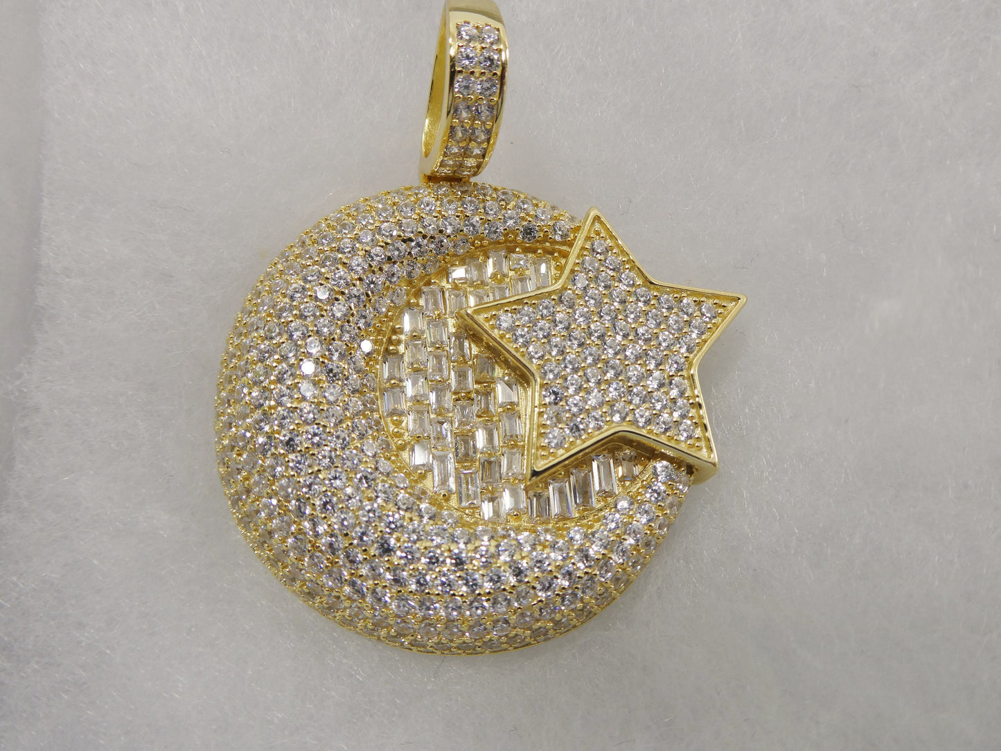 real 925 sterling silver large Muslim moon and star pendent full ice stone charm
