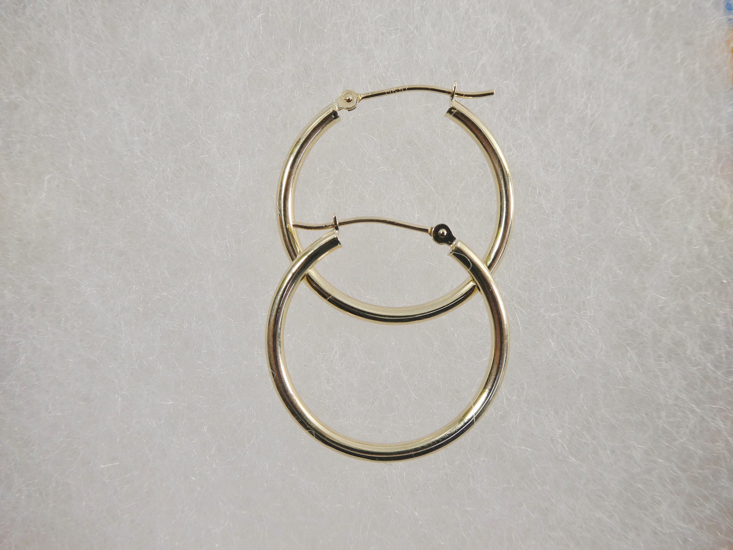 14K real solid yellow gold 2mm / 25mm round hoop earring snap closure high polish finish