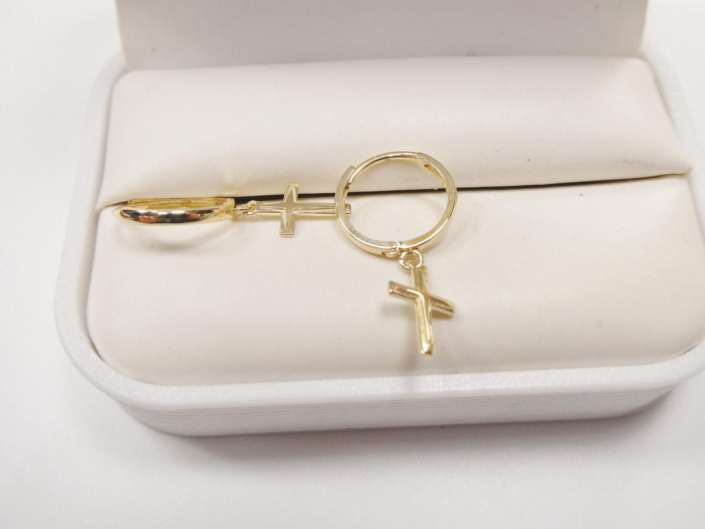 real 10k solid yellow gold cross dropping hoop huggie earrings