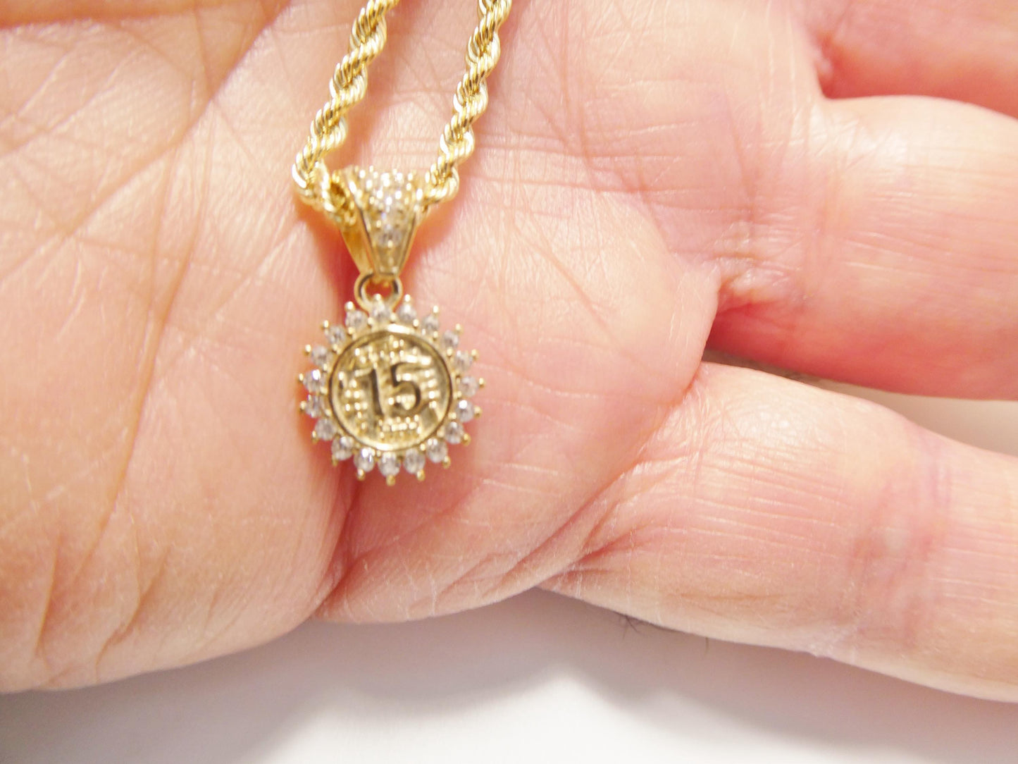 10k real solid yellow gold 15 years boy girl pendent and rope necklace