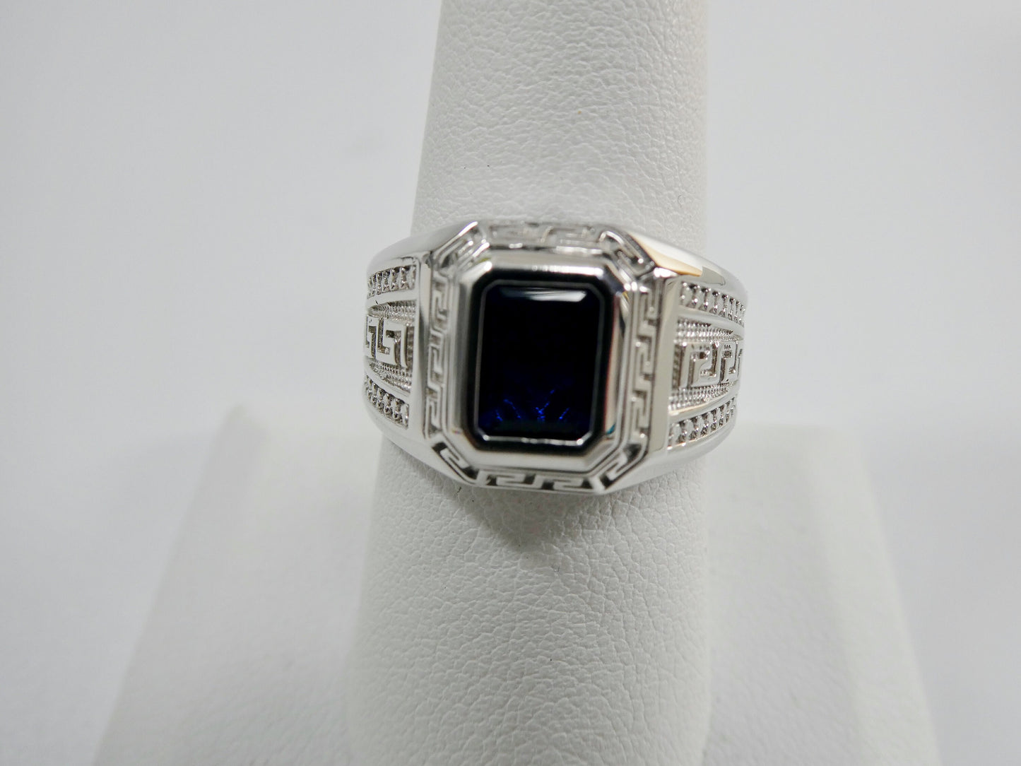 real solid 925 sterling silver men blue stone ring rhodium plating finish