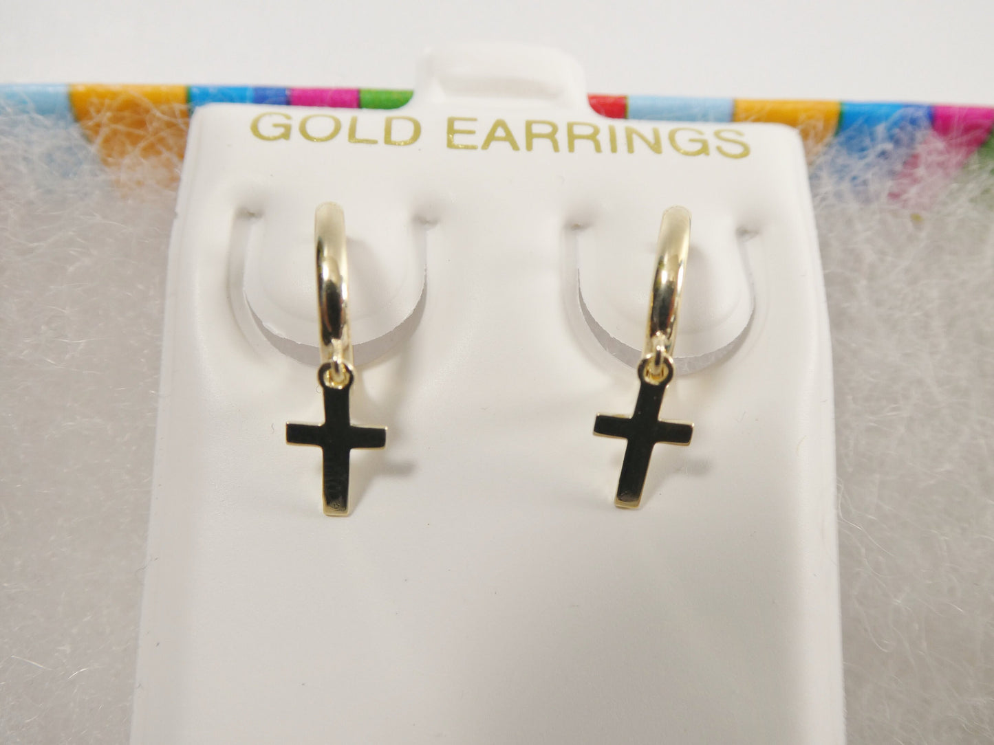 real 10k solid yellow gold hoop huggie dangle plain cross earring