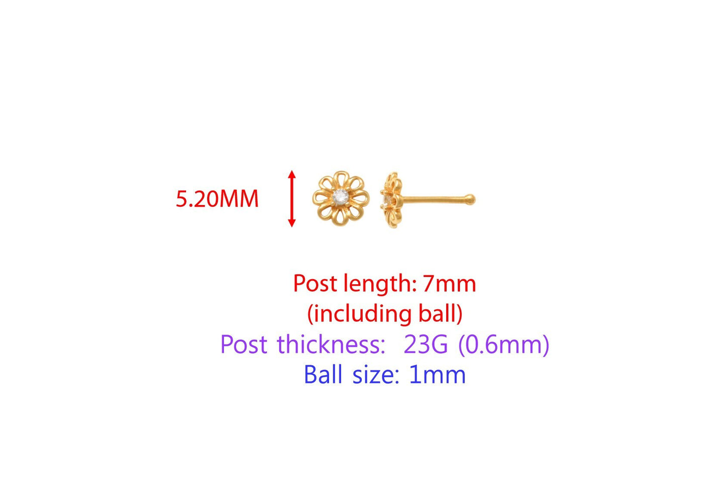 14k real solid yellow gold flower stud nose ring