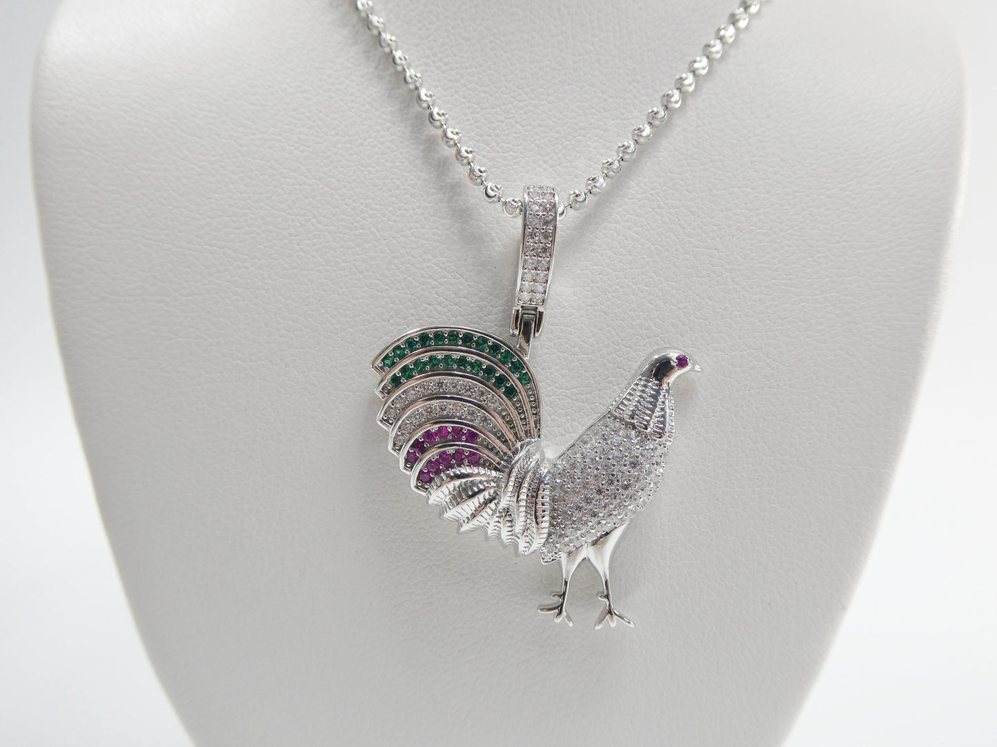 real 925 sterling silver 2mm moon chain and rooster pendent