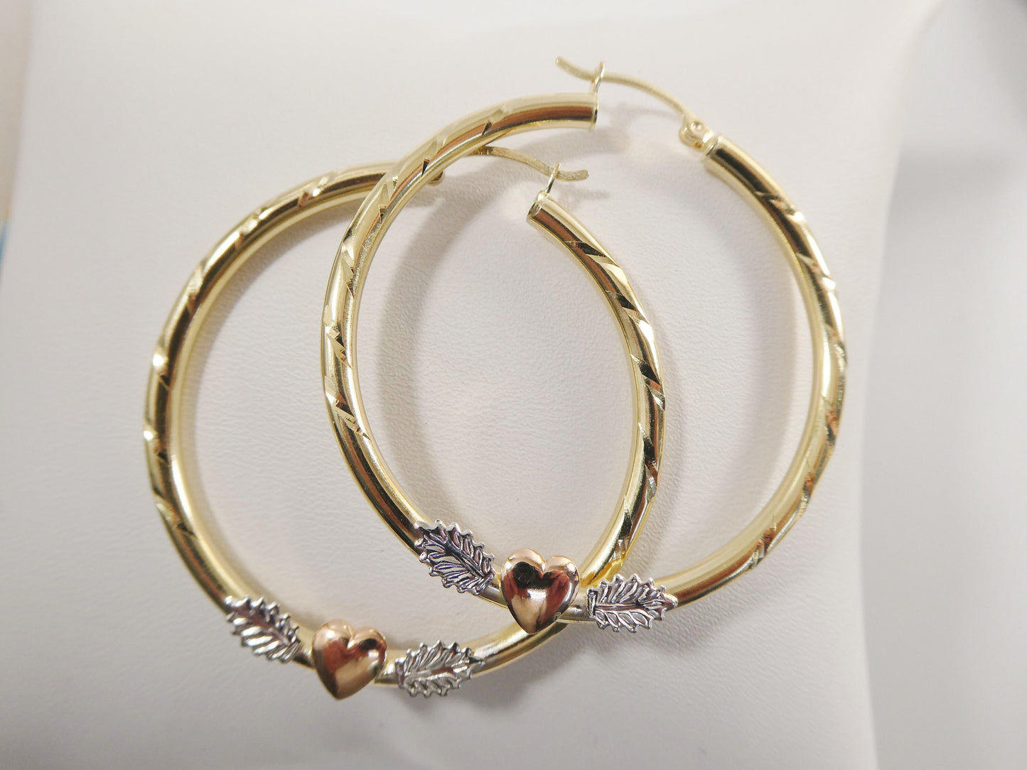 14K real solid yellow gold 3mm /40mm/45MM tri color heart center snap hoop earring