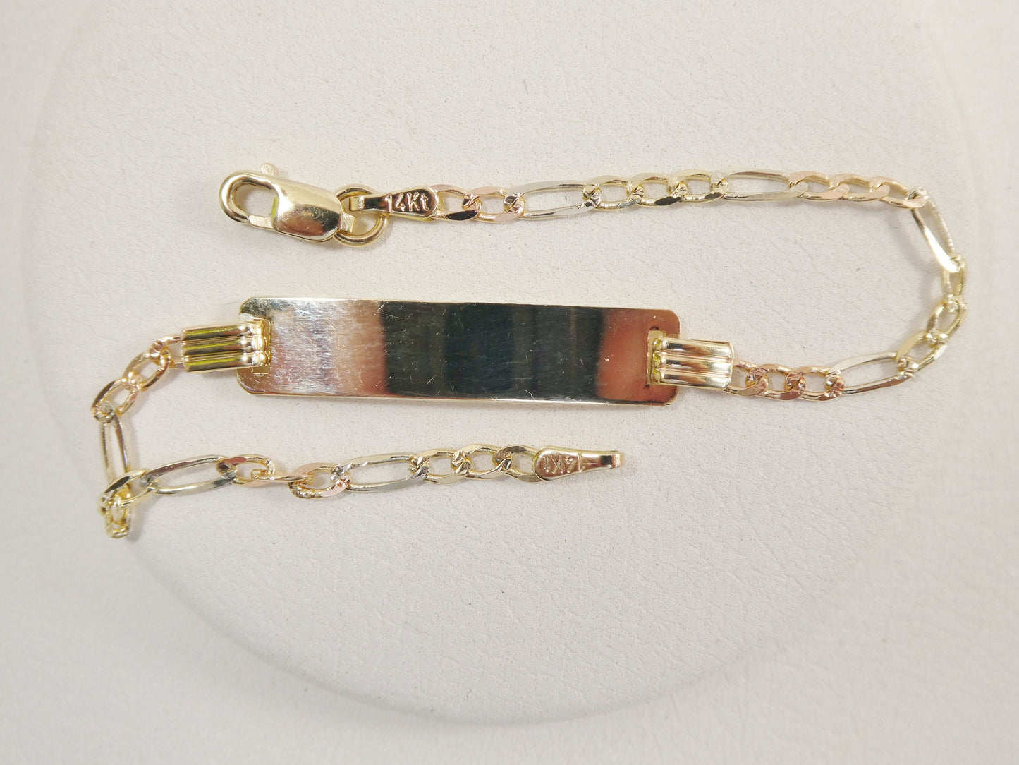 14K real solid yellow gold 6 inch Figaro style tri color baby ID bracelet