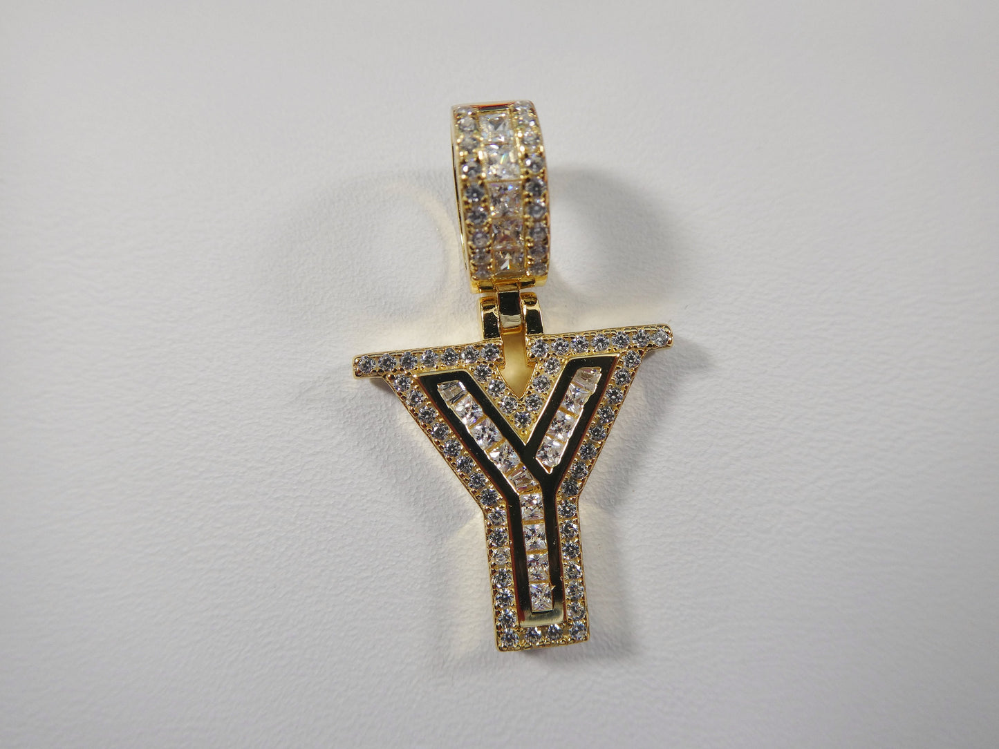 real 925 sterling silver yellow gold color tone baguette initial pendent with 18 inch small Miami chain
