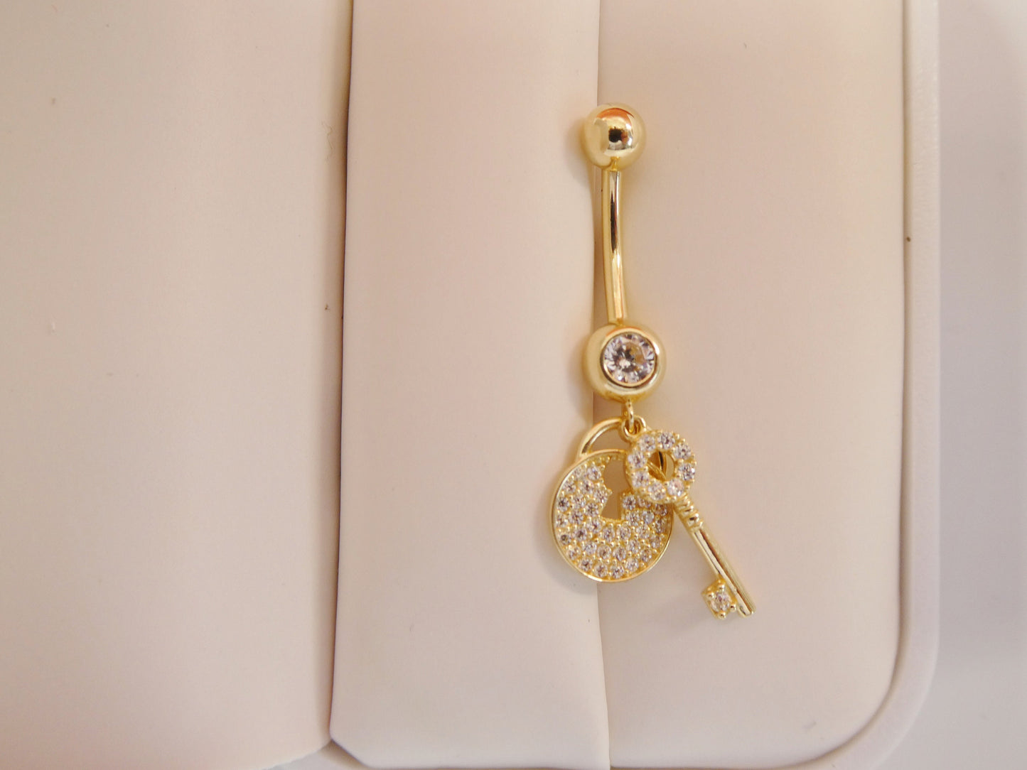 14k real solid yellow gold dangling lock and key belly button ring piercing