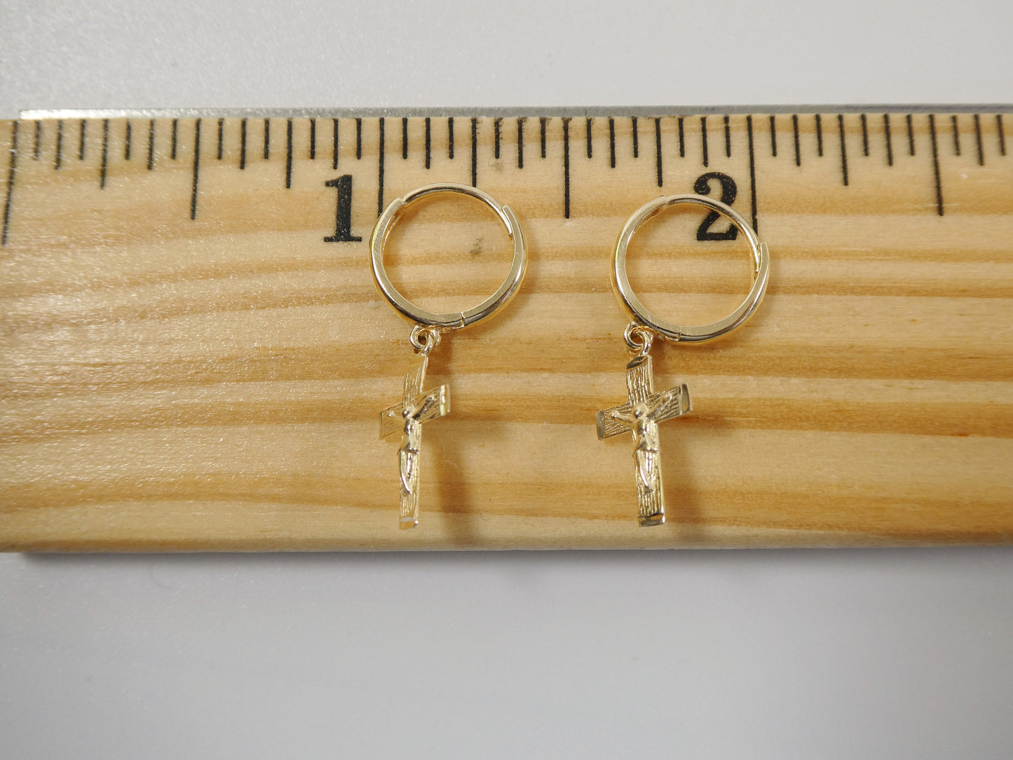 real 10k solid yellow gold hoop huggie dangle cross earring