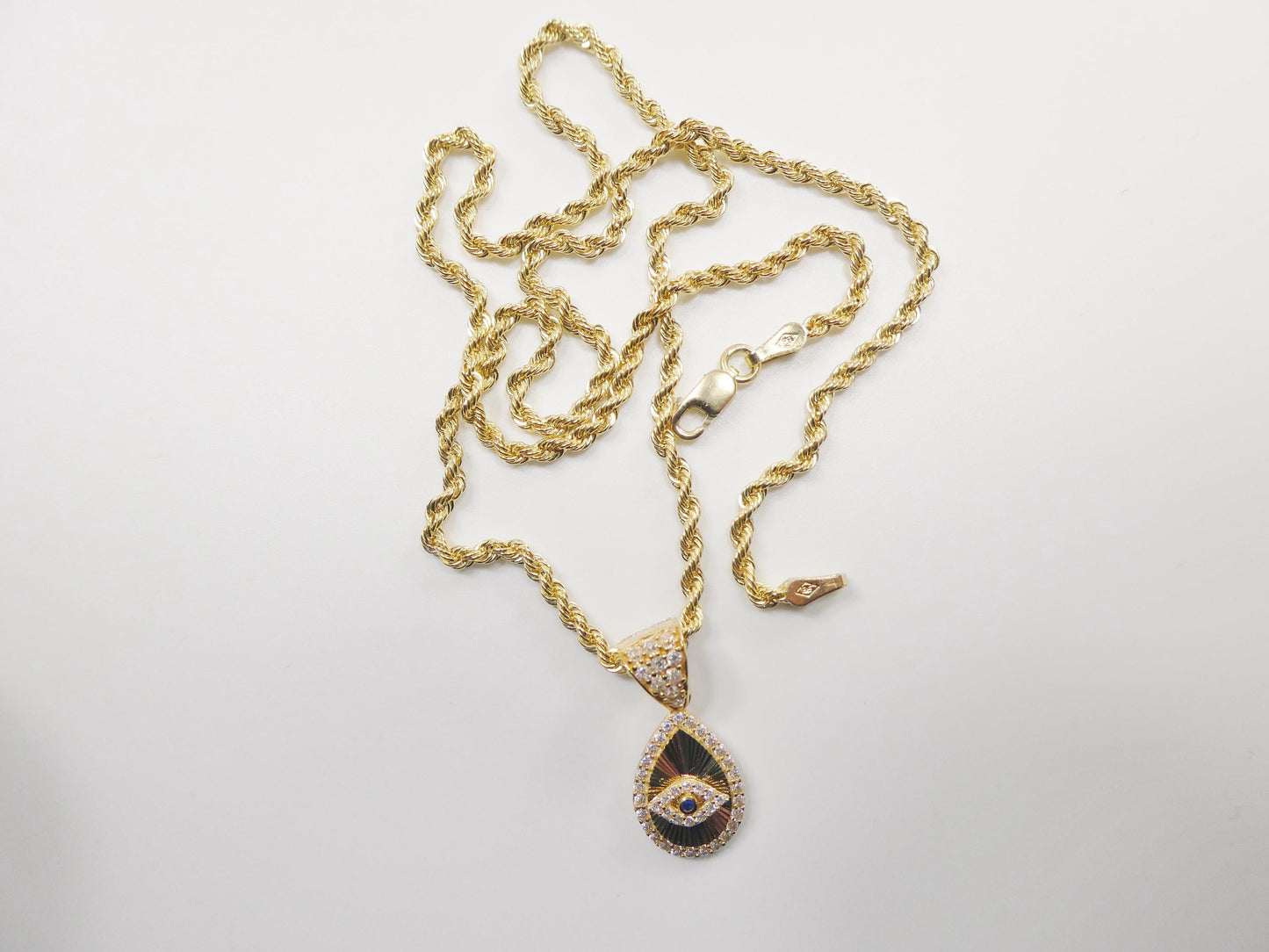 10k real solid yellow gold evil eye pendent and rope necklace