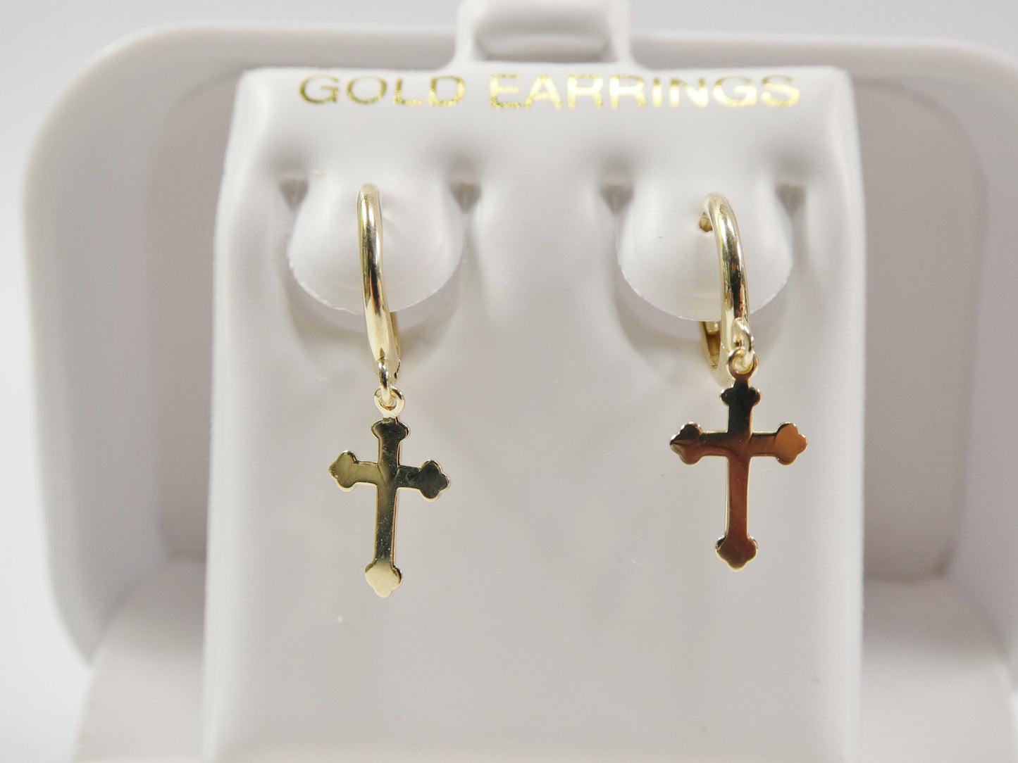 real 10k solid yellow gold hoop huggie dangle plain cross earrings