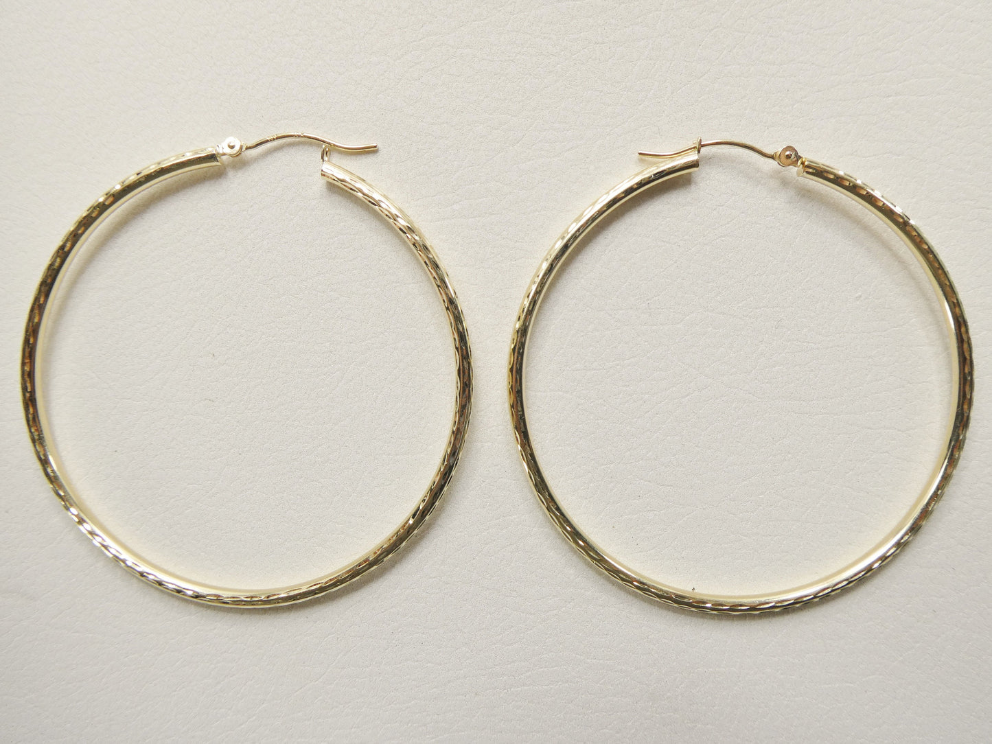 10K real solid yellow gold 50mm round hoop earring snap closure full diamond cut finish