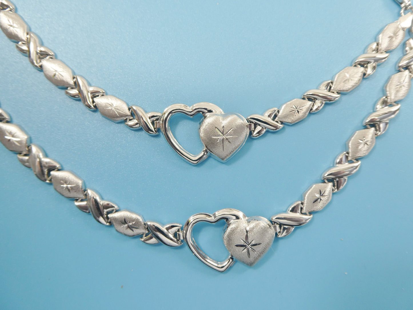 real 925 sterling silver double heart stampato set / necklace/ bracelet 14k white gold color finish