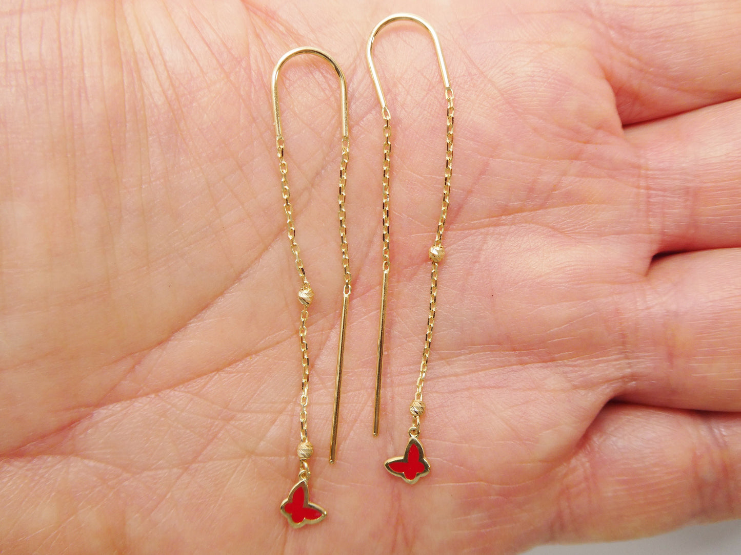 14k real solid yellow gold butterfly enamel long dangling earring