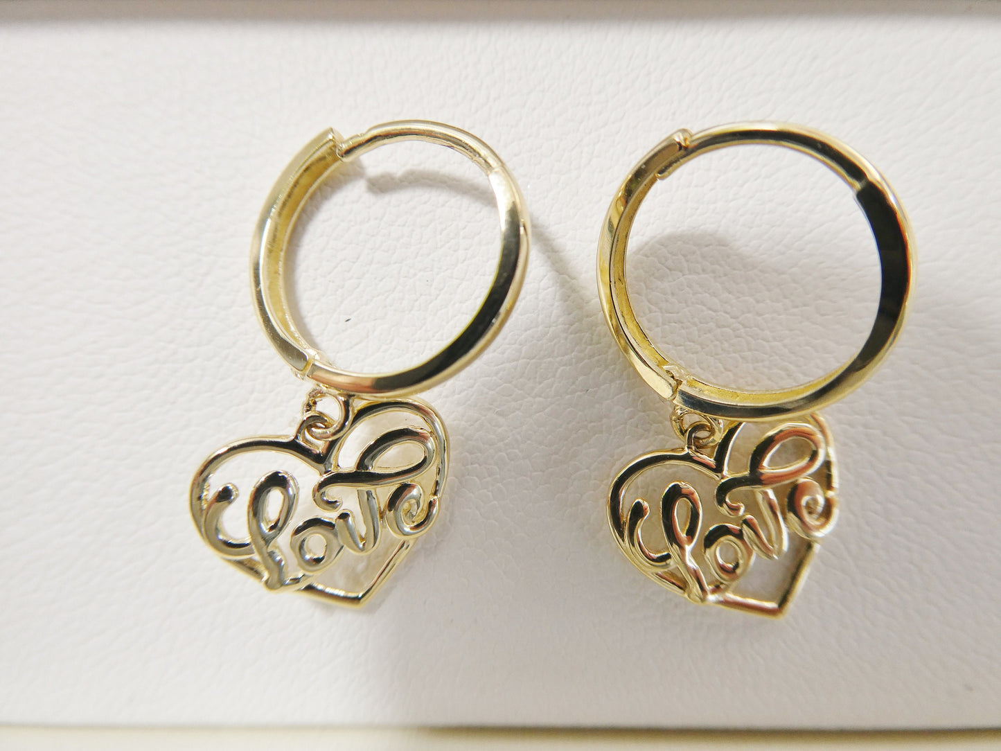 real 10k solid yellow gold script love letter heart drop super polish hoop huggie earrings