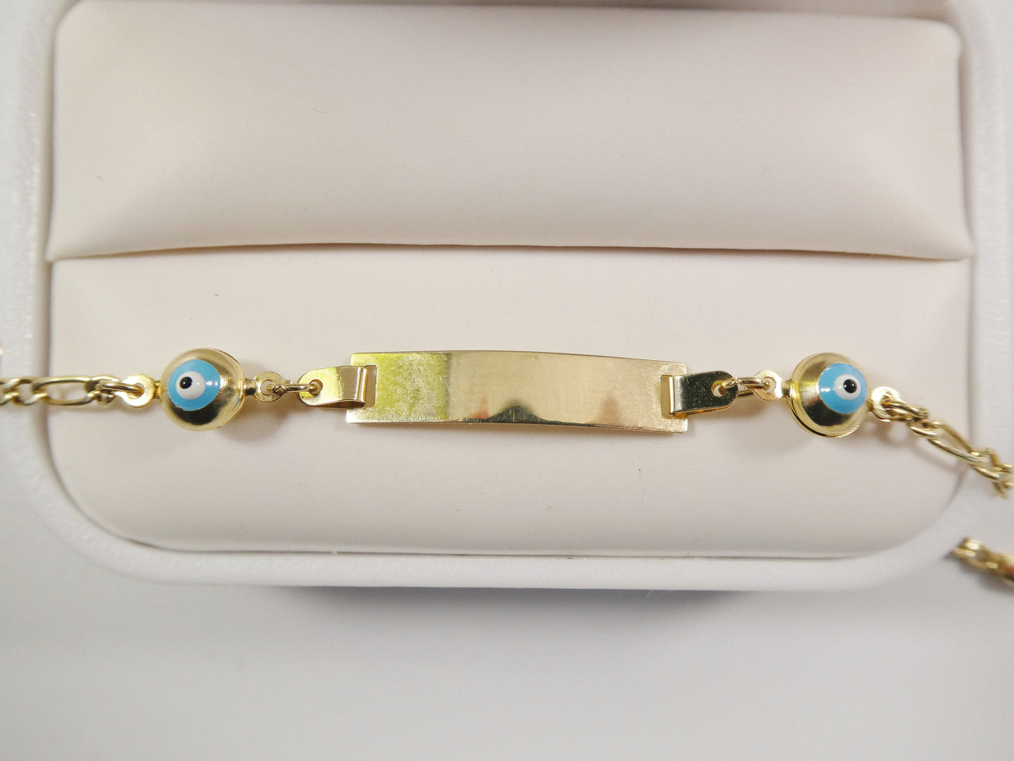 14K real solid yellow gold 5.5 inch Figaro style evil eye baby ID bracelet
