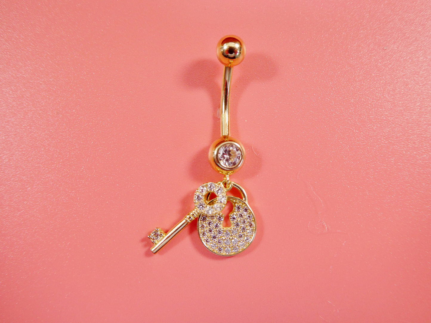14k real solid yellow gold dangling lock and key belly button ring piercing