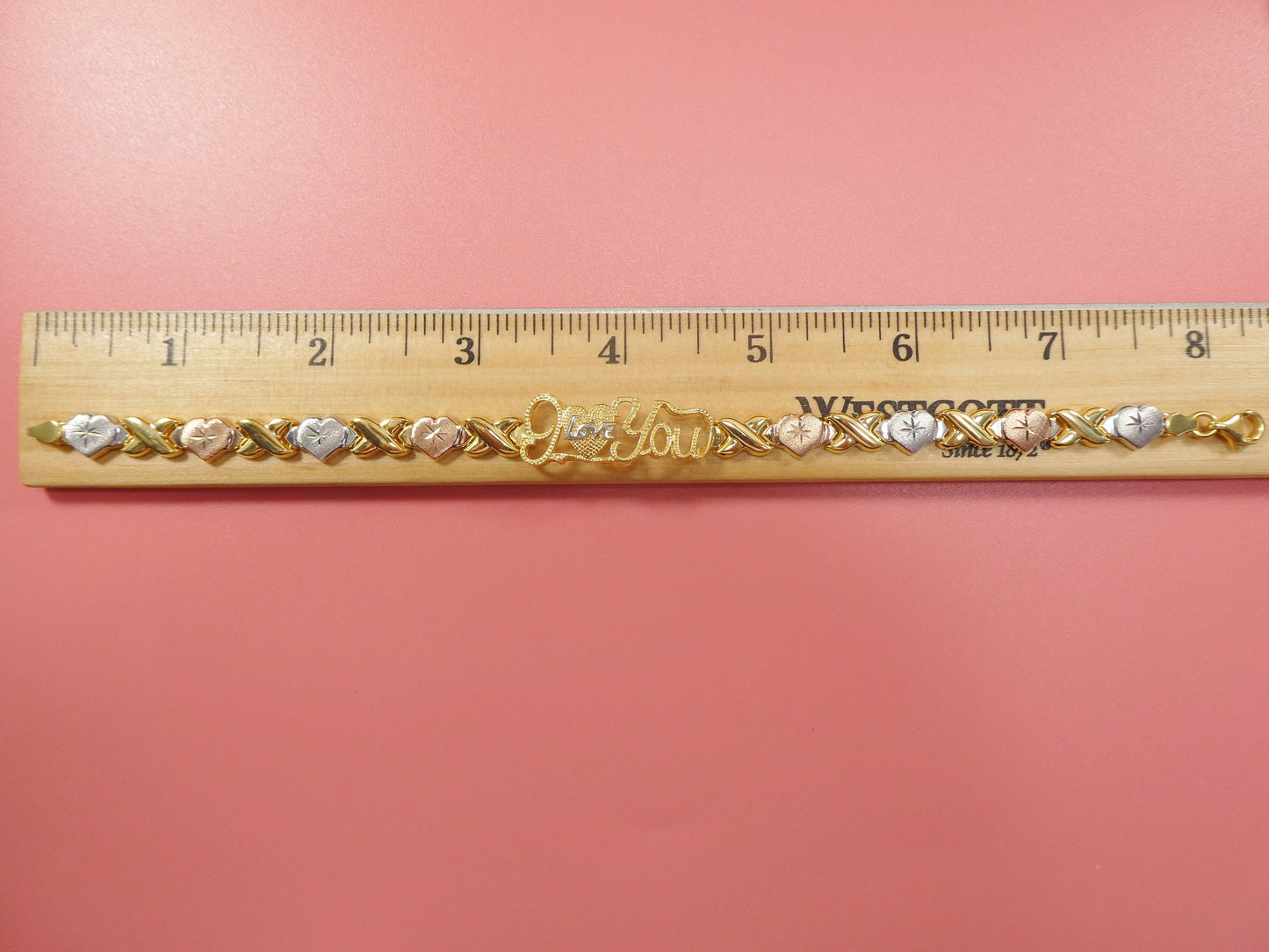 real 925 sterling silver I love you x and heart stampato bracelet 14k yellow gold tri color tone finish
