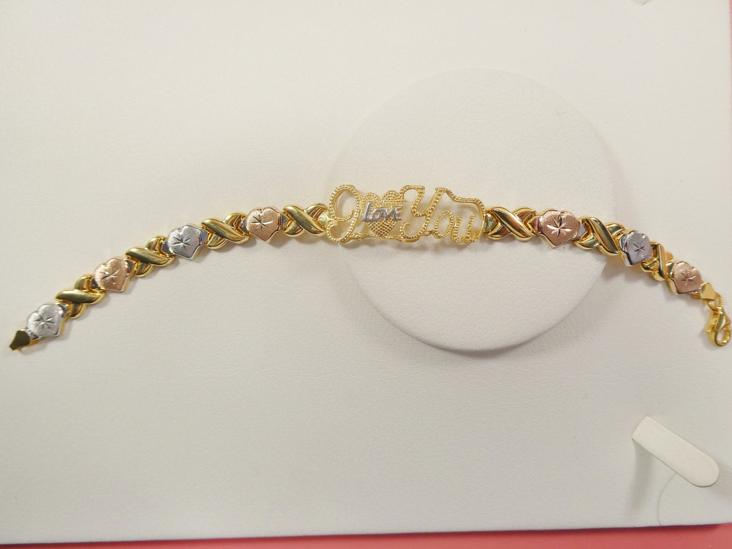 real 925 sterling silver I love you x and heart stampato bracelet 14k yellow gold tri color tone finish