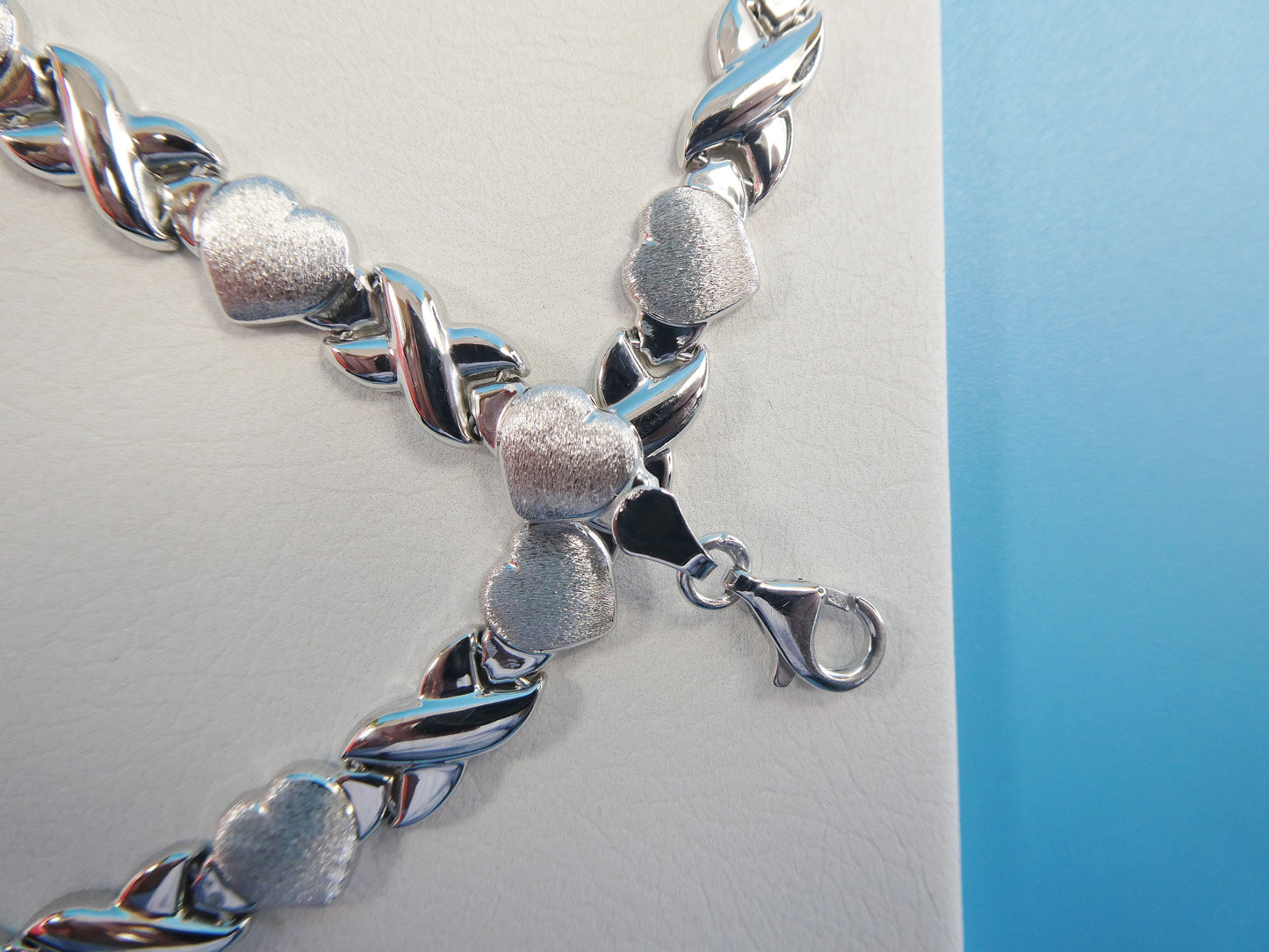 14k white gold color tone set necklace and bracelet xo heart satin finish over real 925 sterling silver
