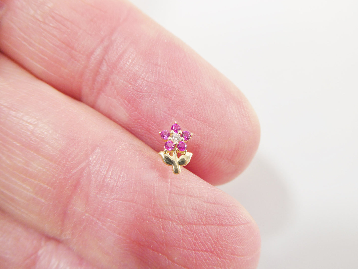 14k real solid yellow gold red stone leaf flower stud nose ring