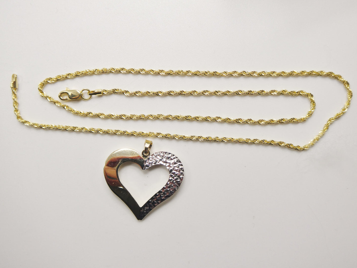 14k real solid yellow gold two tone heart pendent and robe necklace