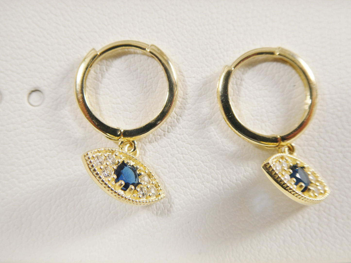 10k real yellow gold sapphire blue stone evil eye dropping plain huggie earring
