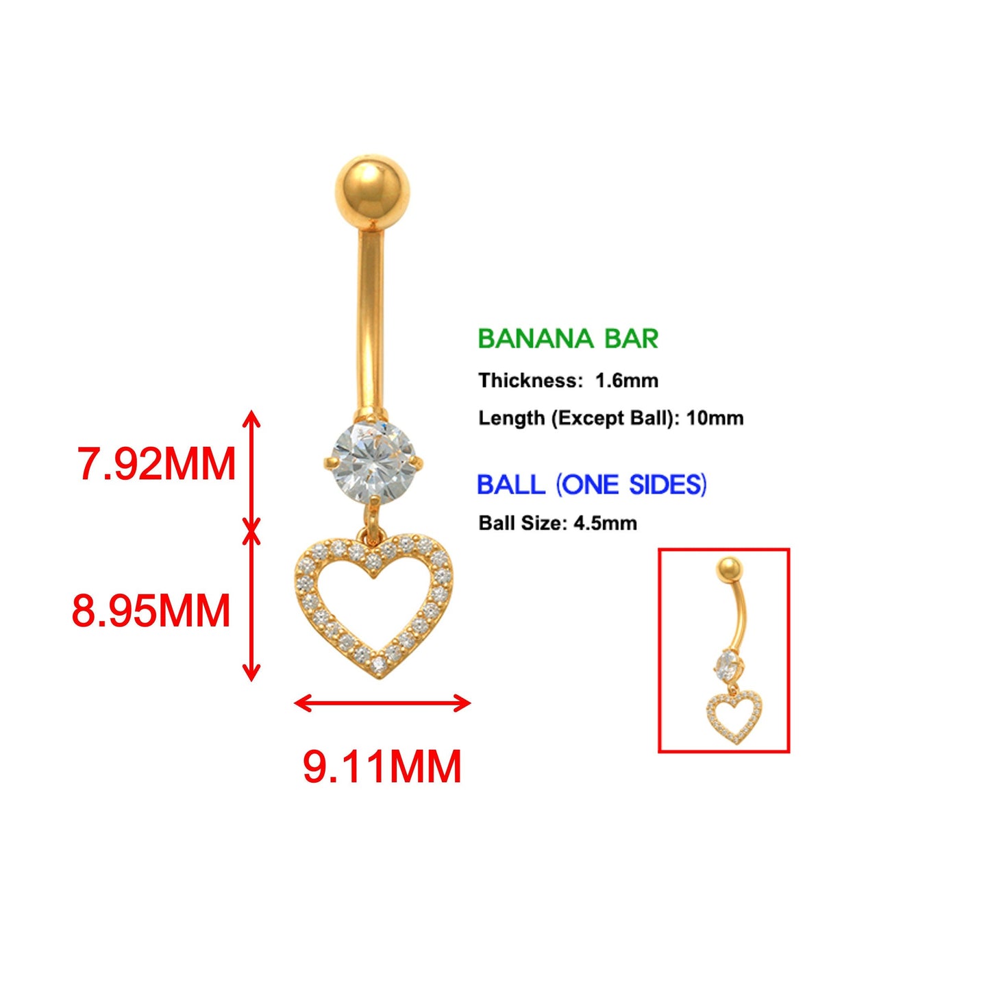 14k real solid yellow gold dangling heart belly button ring piercing