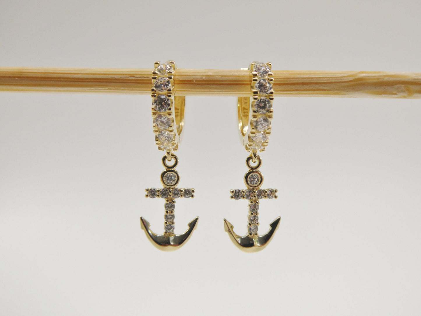 10k real yellow gold anchor dangling huggie hoop earring