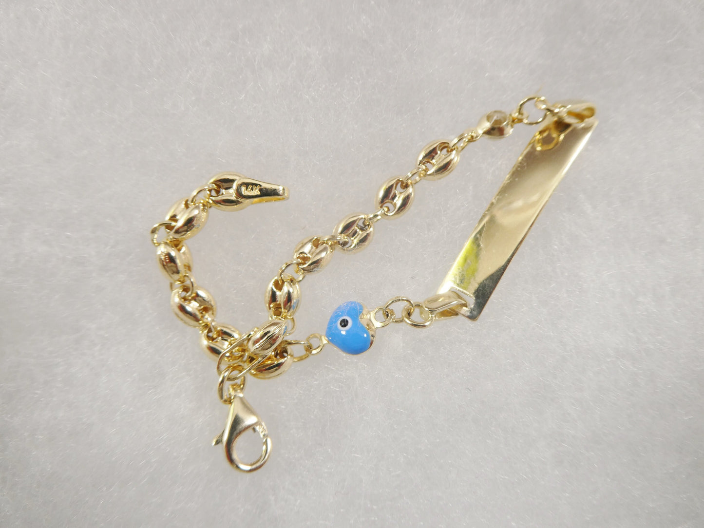 14k real solid yellow gold buff mariner enamel turquoise 6 inch heart baby ID bracelet