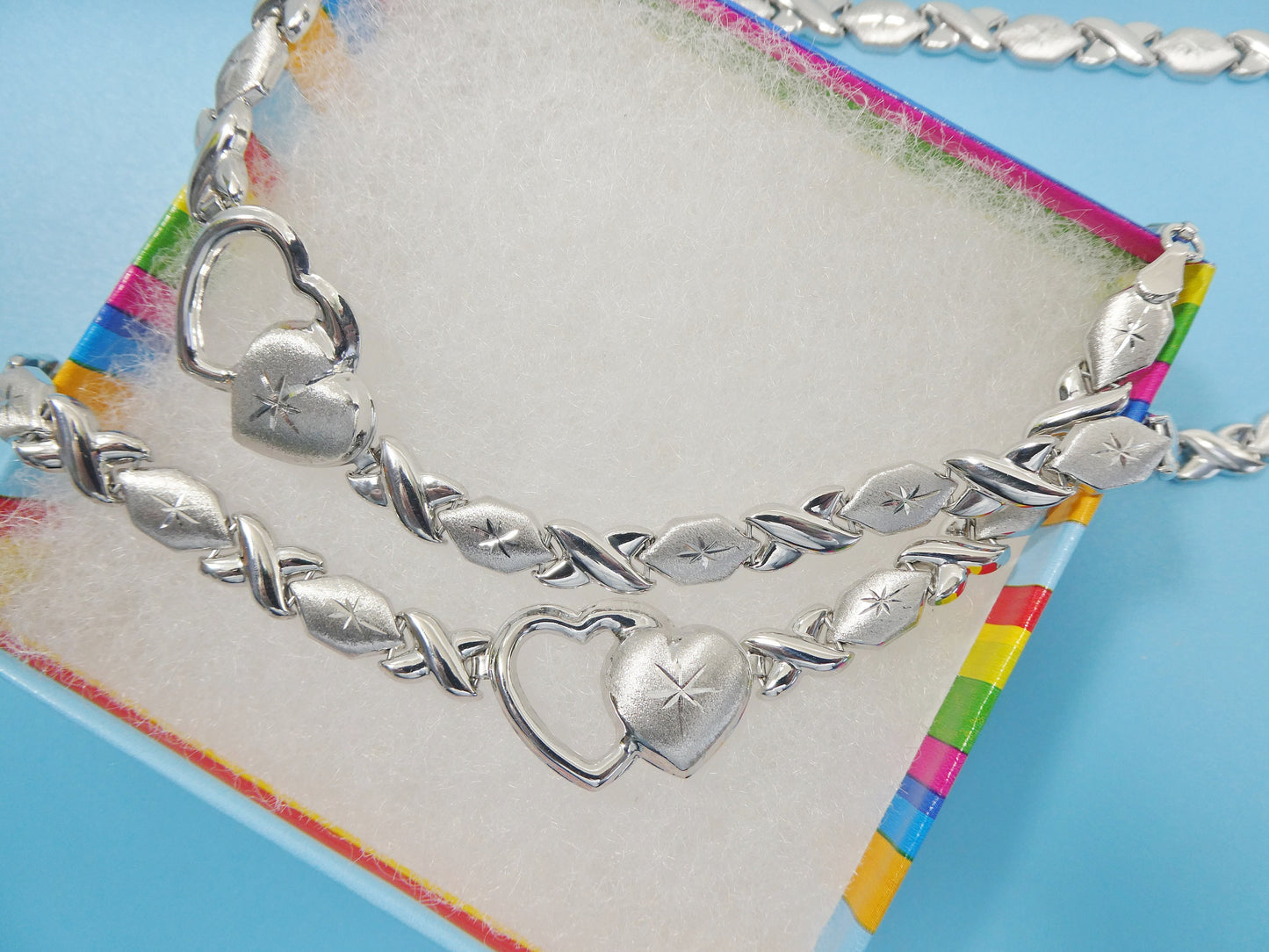 real 925 sterling silver double heart stampato set / necklace/ bracelet 14k white gold color finish