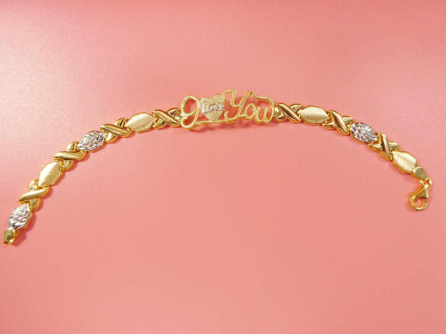 real 925 sterling silver I love you xo xo stampato bracelet 14k yellow gold two tone finish