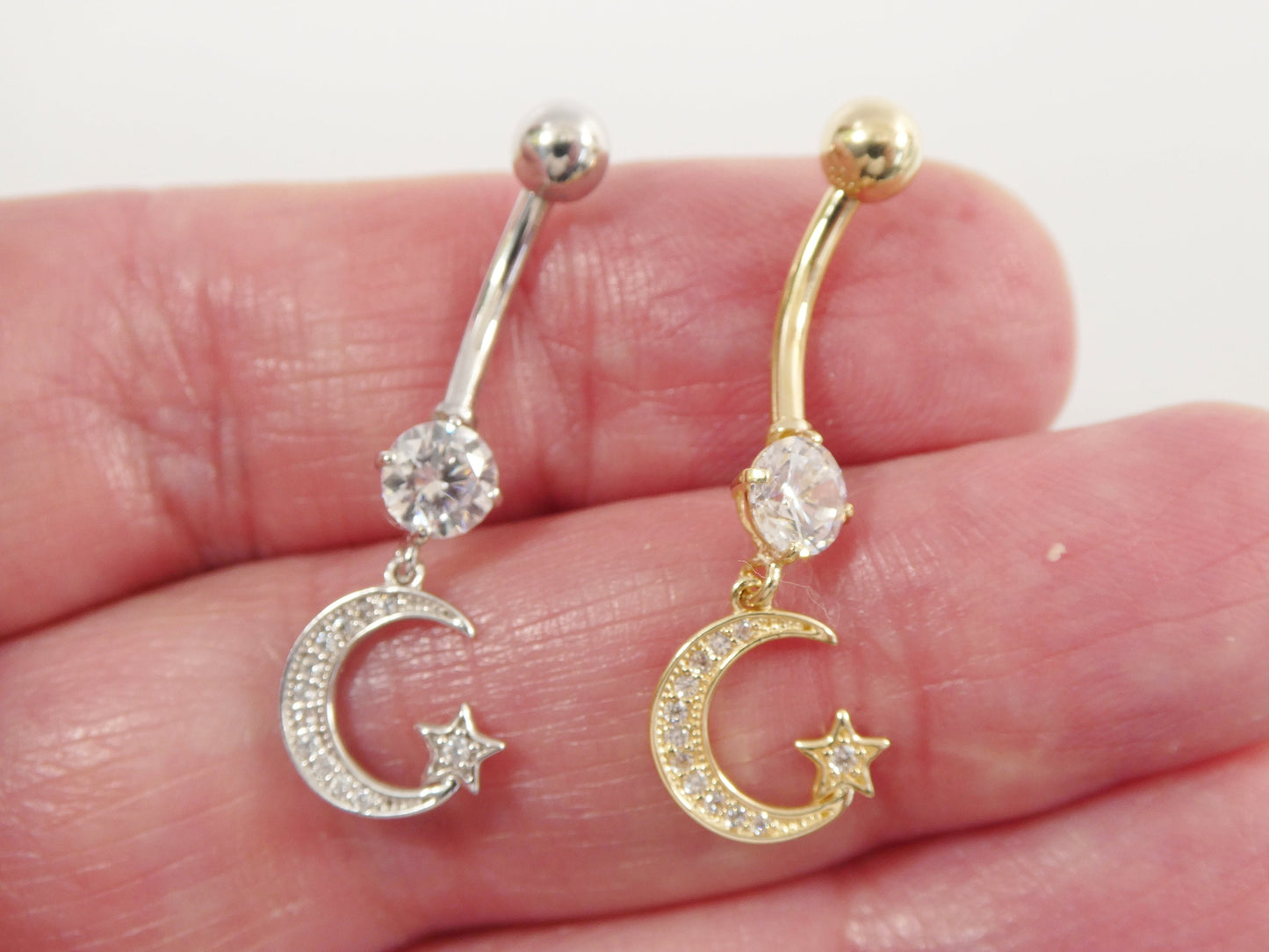 14k real solid yellow gold dangling moon and star belly button ring piercing