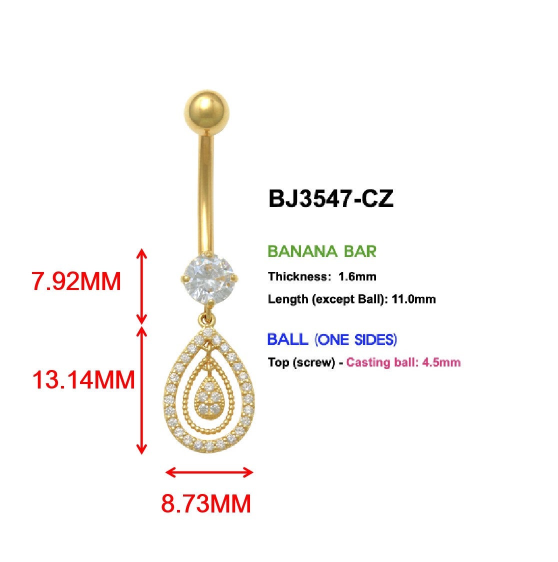 14k real solid yellow gold oval dangling belly button ring piercing