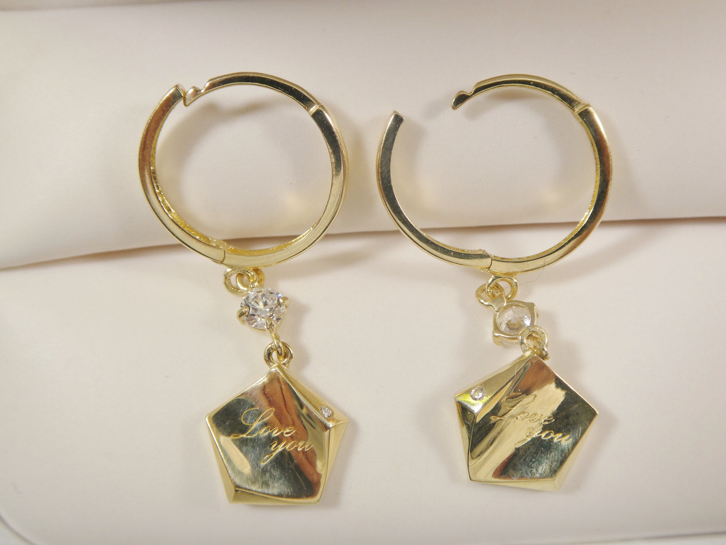 10k real yellow gold love engrave dangle plain huggie earring