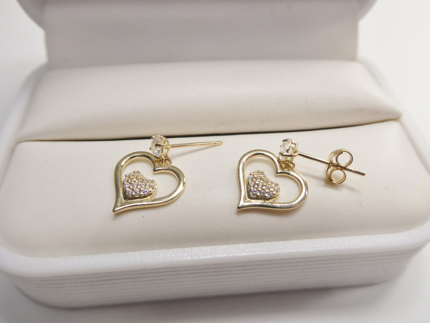 real 10k solid yellow gold double heart push post earrings