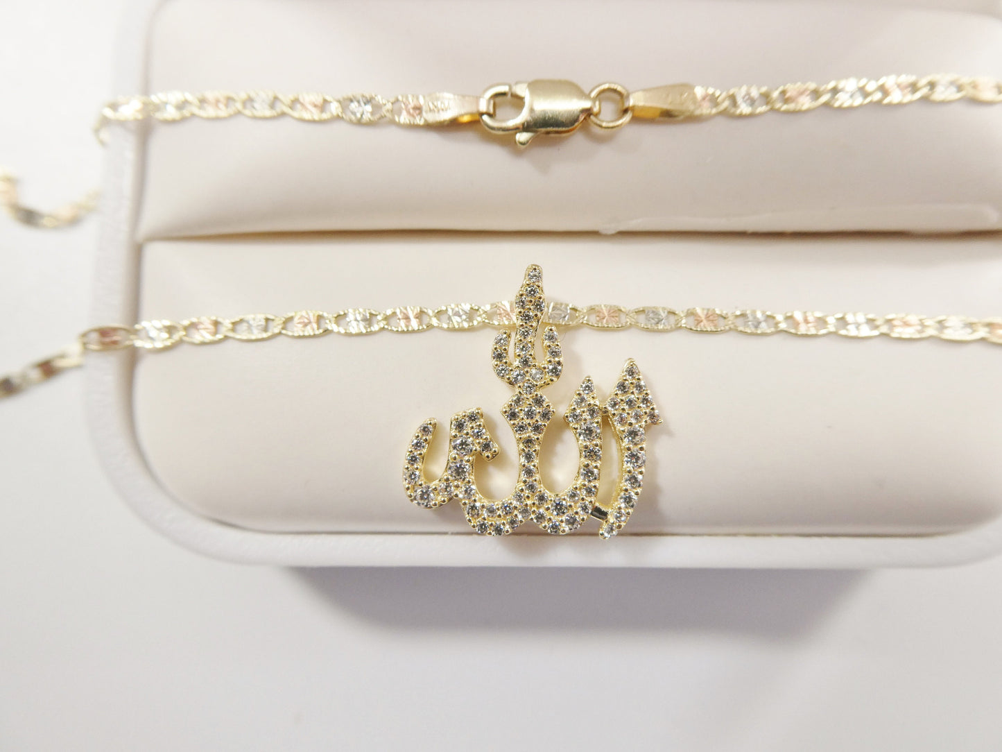 10k real solid yellow gold small ALLAH Muslim pendent and 16 inch Valentino necklace