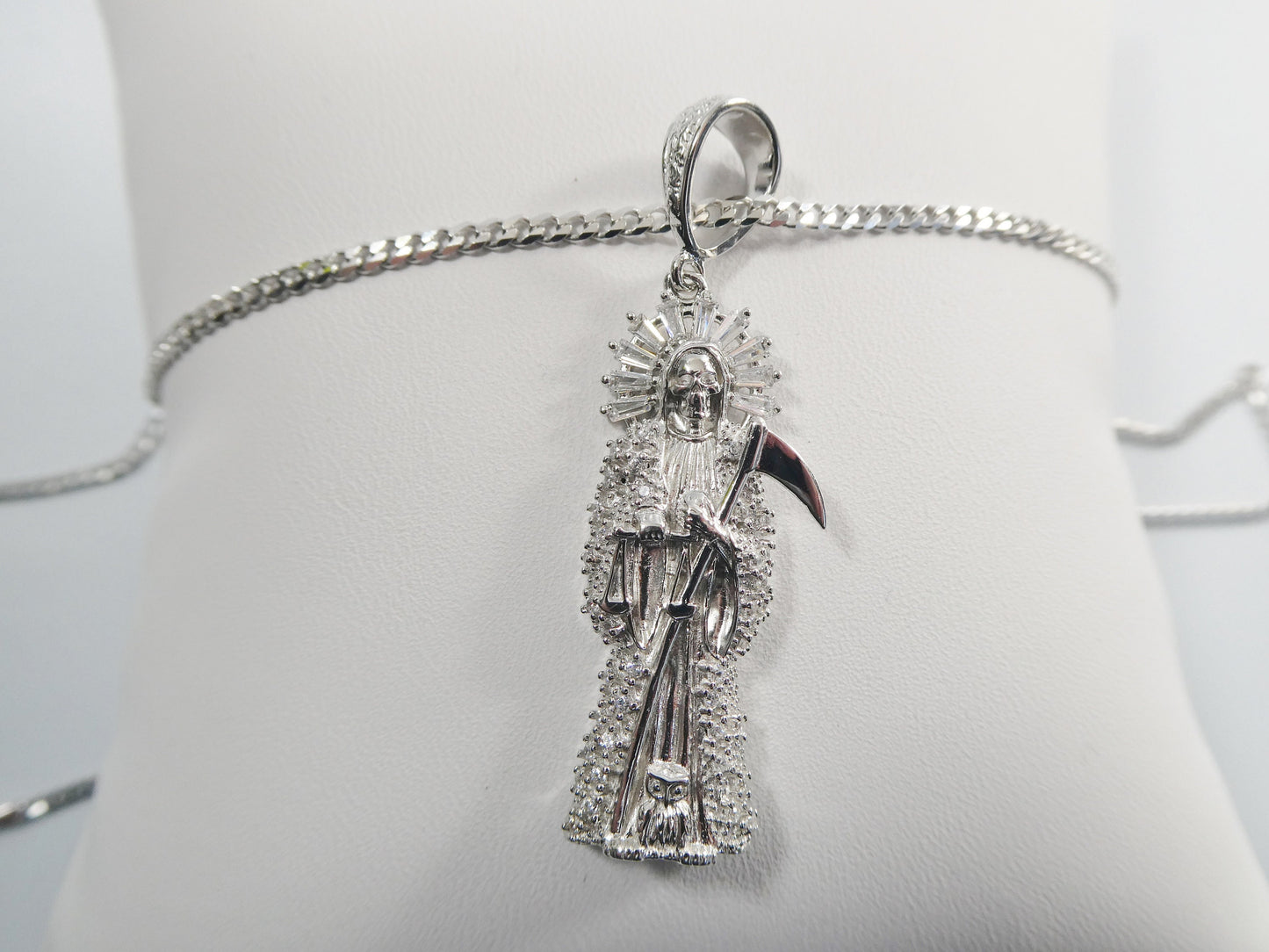 real 925 sterling silver 18 inch curb chain and santa muerte pendent charm