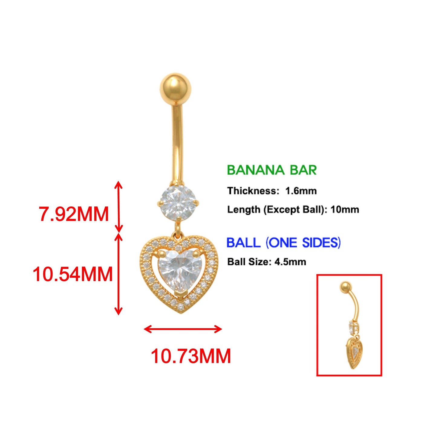 14k real solid yellow gold large heart drop belly button ring piercing