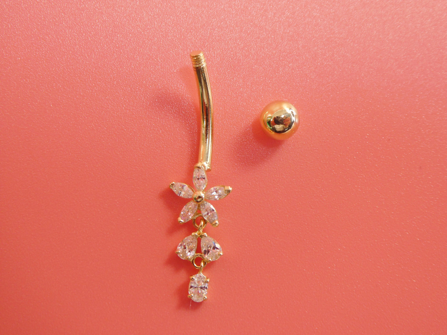 14k real solid yellow gold flower belly button ring piercing