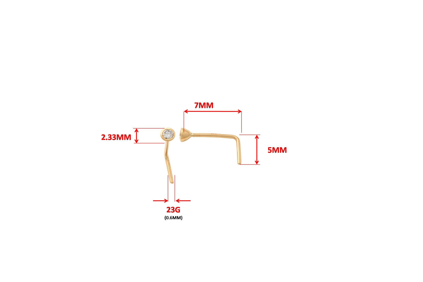 14k real solid yellow gold L SHAPE 1.5mm round stone stud nose ring