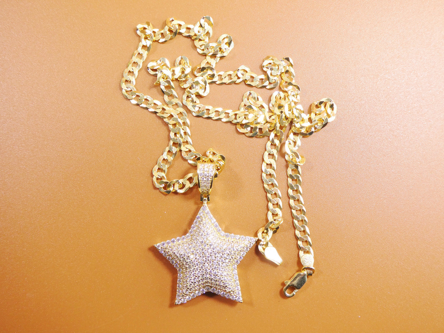 14k yellow gold color tone chain and star charm pendent over real 925 sterling silver
