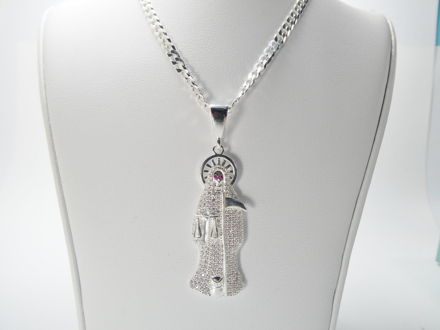 real 925 sterling silver 22 inch flat chain and large santa muerte pendent charm