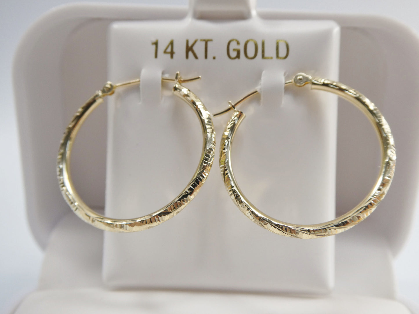 14K real solid yellow gold 25mm round hoop earring snap closure diamond cut finish